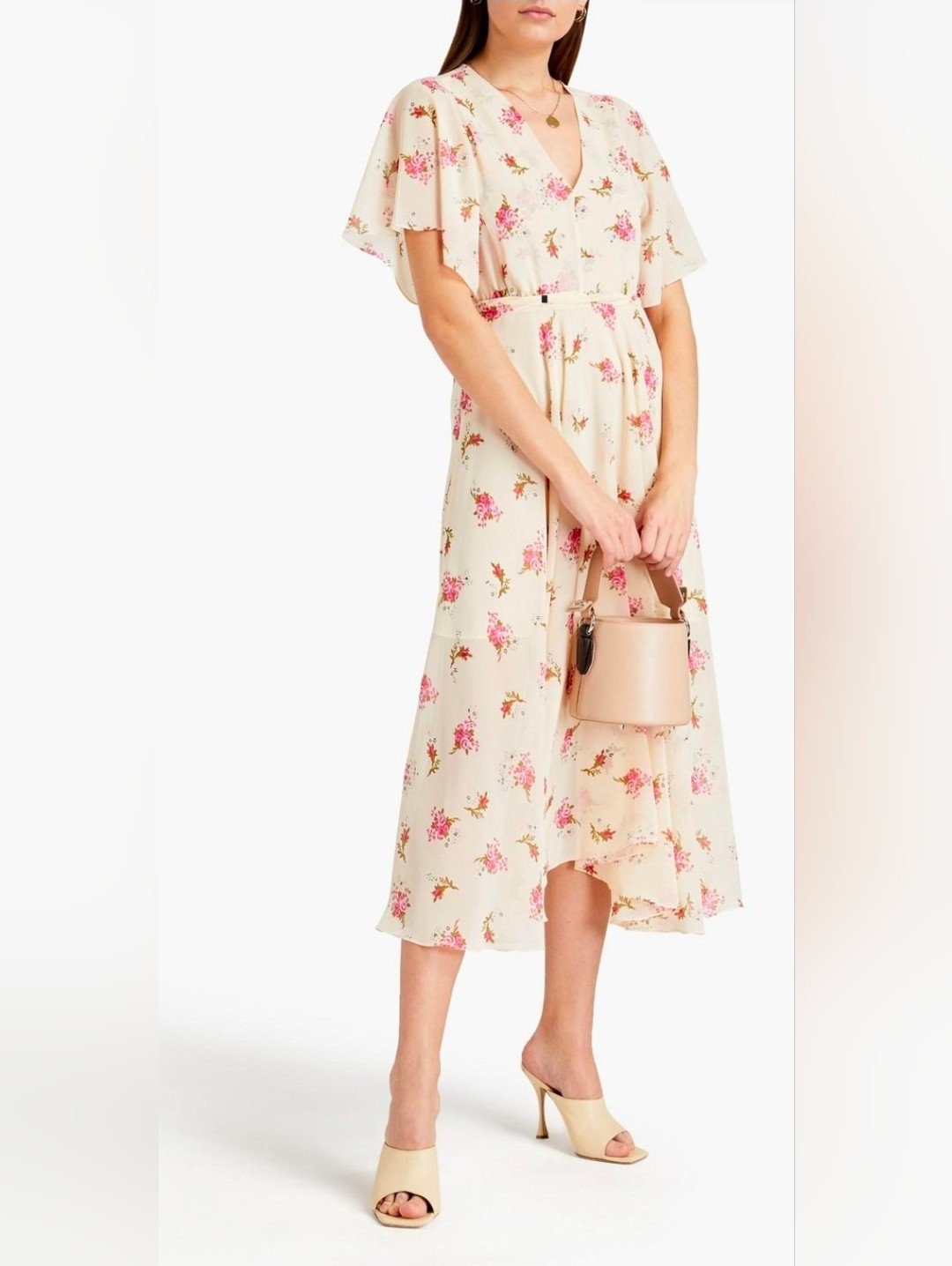 Maje Runge Cream Floral Maxi Dress With Pink Rose Print